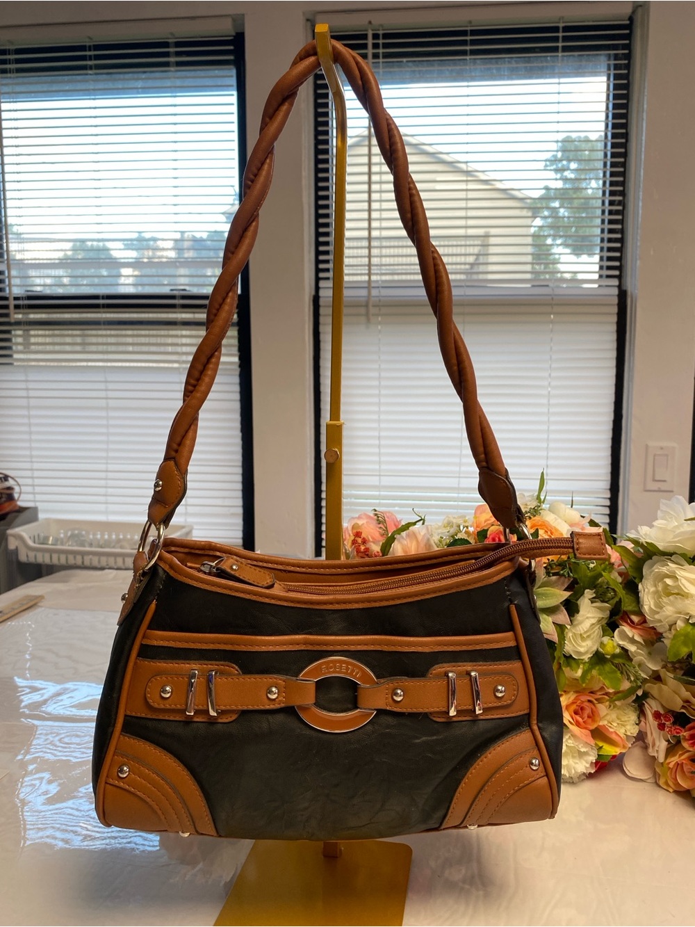 Rosetti Black Cognac Belted Hardware Hobo Satchel Shoulder Bag
